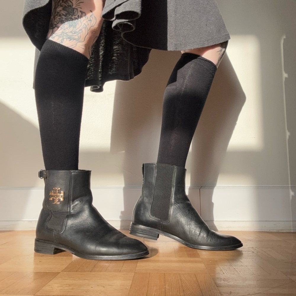 Tory Burch Black Leather Ankle Boots with Gold Accent